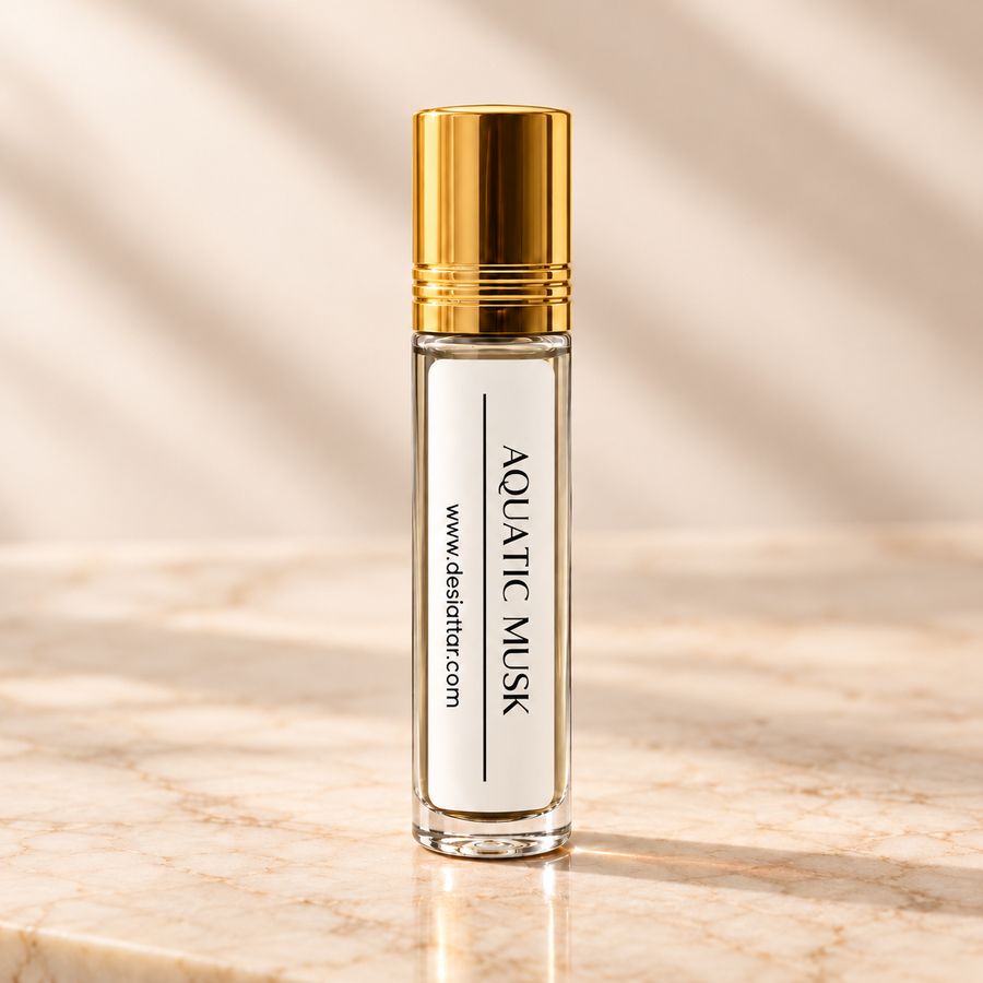 Aquatic Musk Attar clear fragrance oil roll-on bottle by Desi Attar