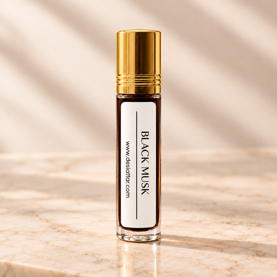 Black Musk Attar dark musky fragrance oil bottle by Desi Attar